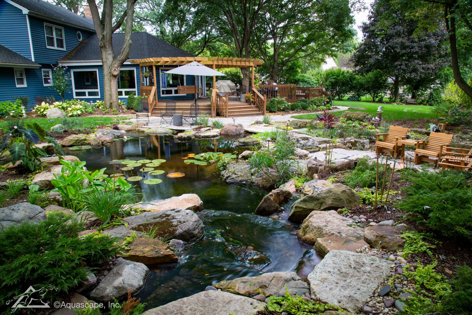 Mature pond planted backyard pergola