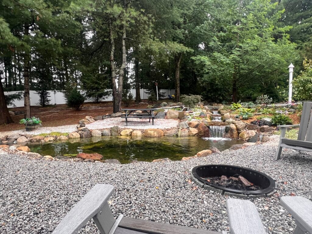 Greenland NH - Large Koi Pond 5 Greenland NH Koi Pond Fire Pit 1